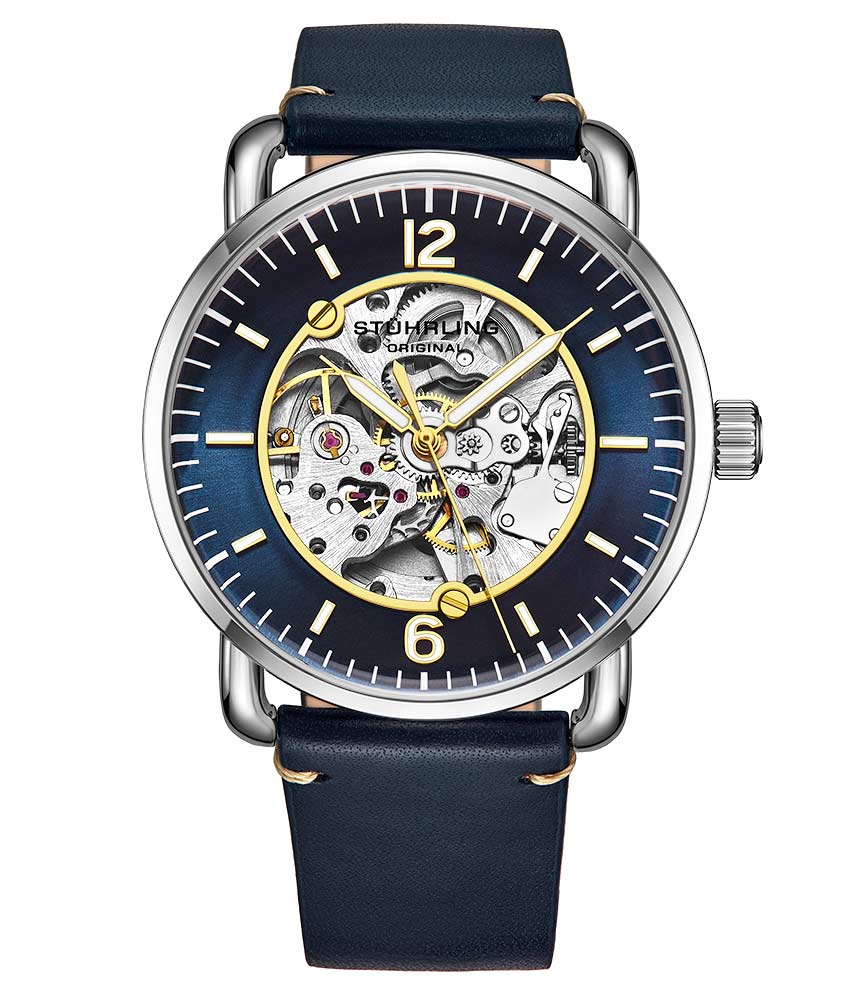 Stührling Mantra 3972 Automatic 42mm Skeleton - Blue Dial/ Silver Case/ Blue Leather Strap