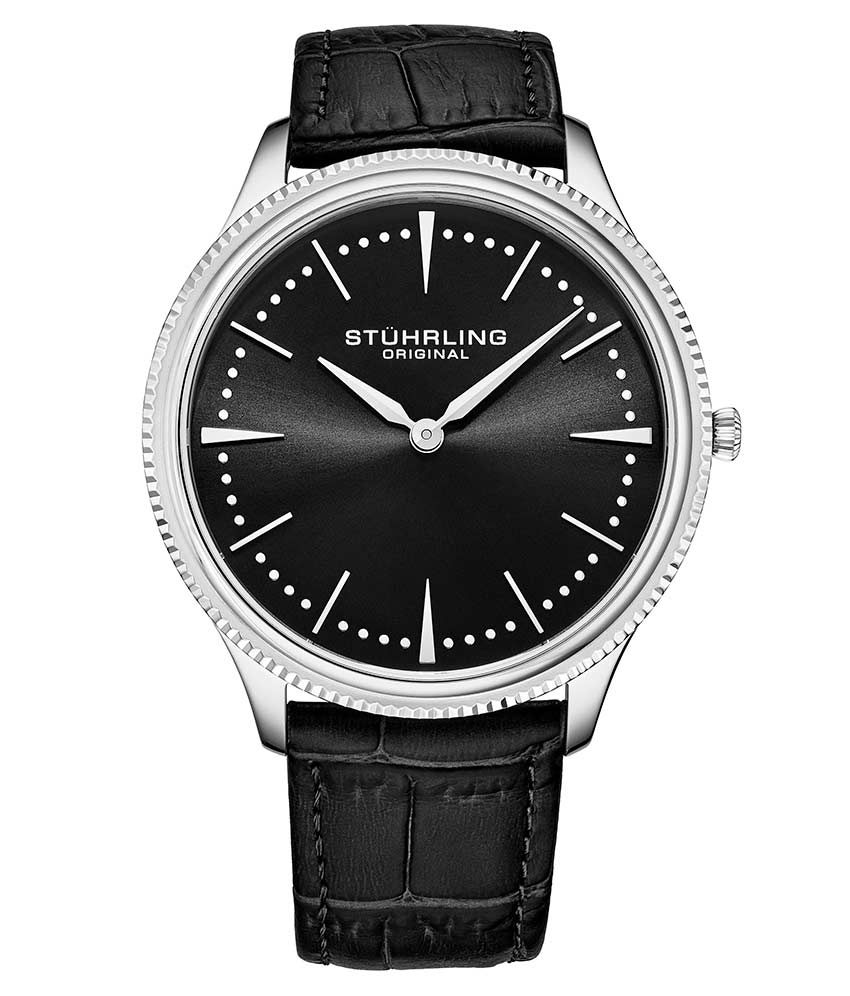 Stührling Silhouette 3984 Quartz 41mm Classic - Black Dial / Silver Case / Black Leather Strap Silver Tang Buckle
