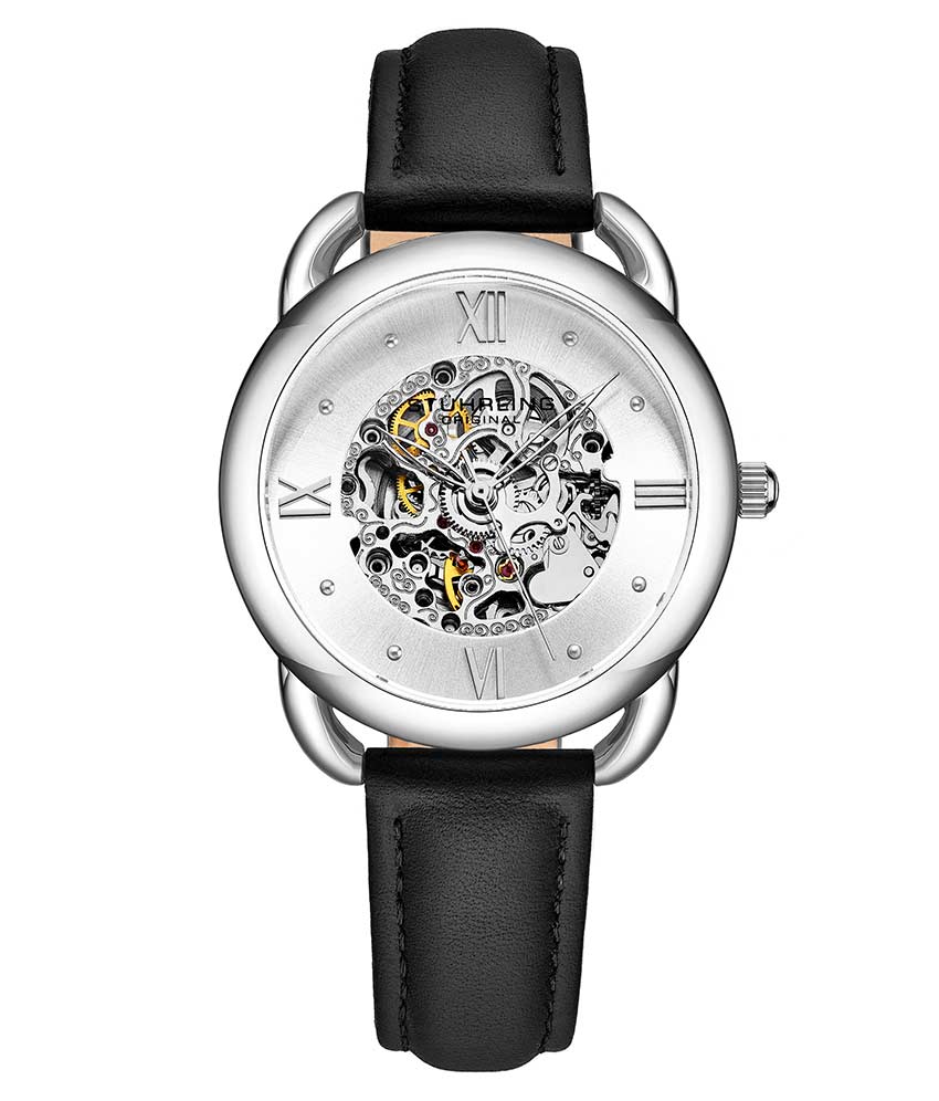 Stührling Mystic Automatic 36mm Skeleton - Silver Dial / Silver Case / Black Leather Strap Silver Tang Buckle