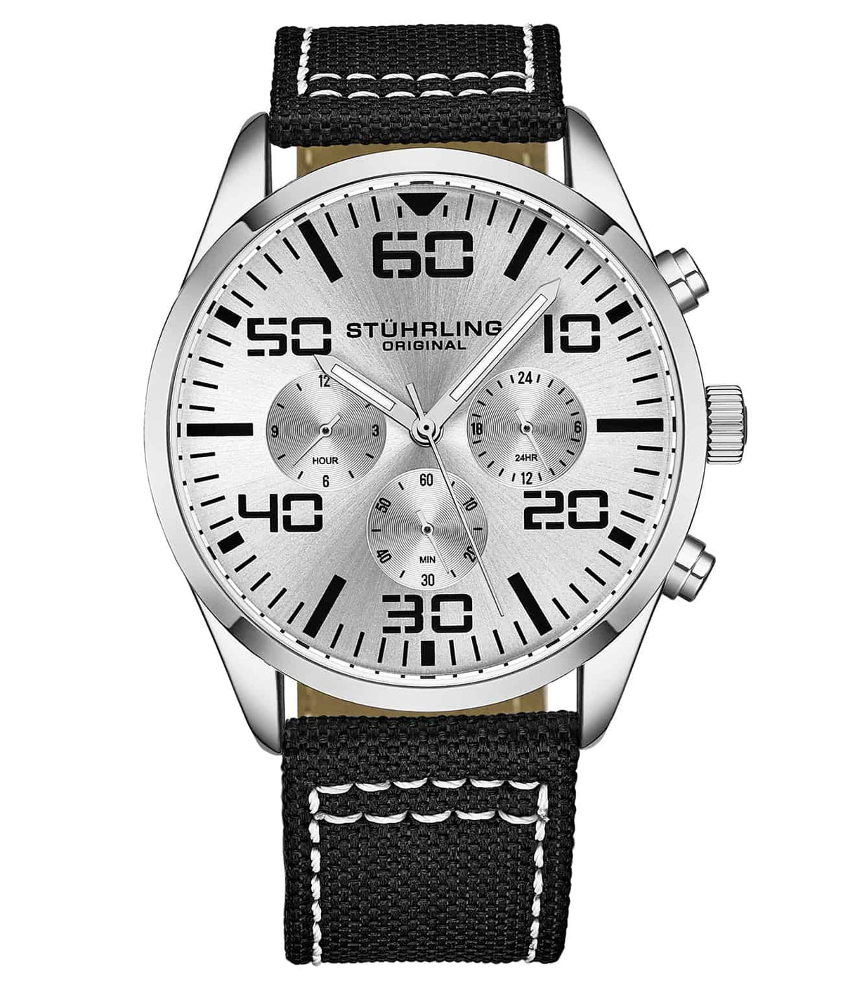 Stührling Sky Navigator Quartz Aviator 42mm - Silver Dial / Silver Case / Black Nylon Strap Silver Tang Buckle