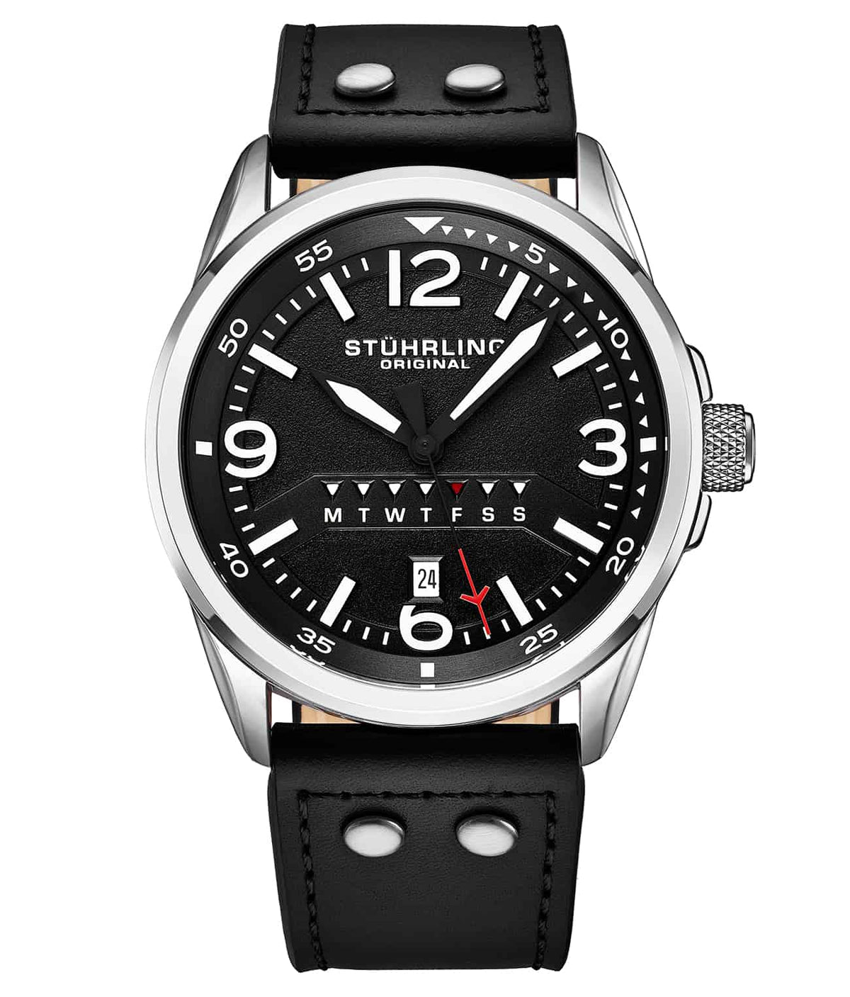 Stührling 447A Quartz 44mm Aviator - Black Dial / Silver Case / Black Leather Strap Silver Tang Buckle