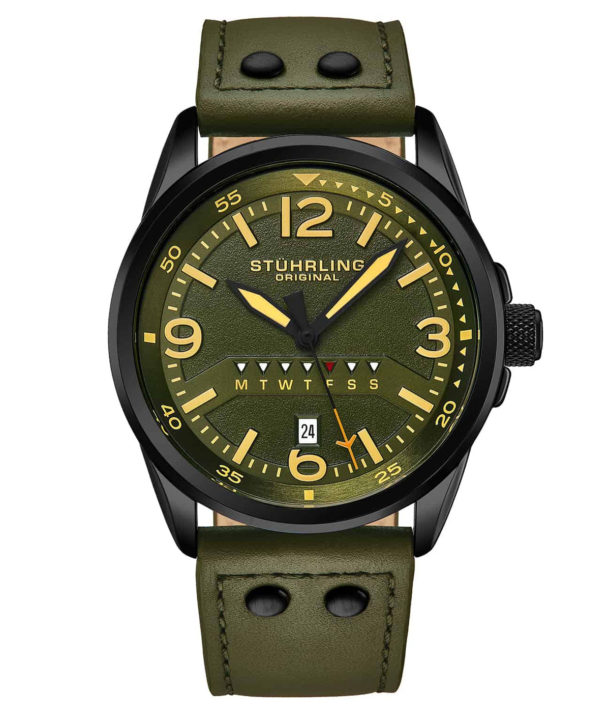 Stührling 447A Quartz 44mm Aviator - Green Dial / Black Case / Green Leather Strap Black Tang Buckle