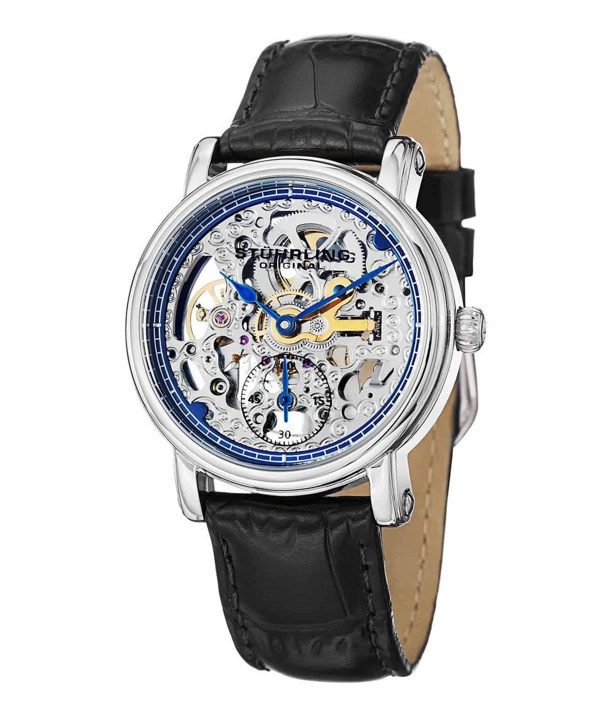 Stührling Lady Avon 460L Hand-wind 34mm Skeleton - Blue Dial / Silver Case / Black Leather Strap Tang Buckle