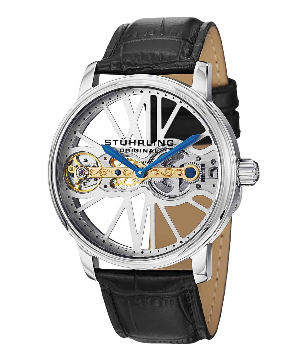 Stührling Winchester Bridge 527 Hand-wind 46mm Skeleton - Silver Dial / Silver Case / Black Leather Strap Tang Buckle