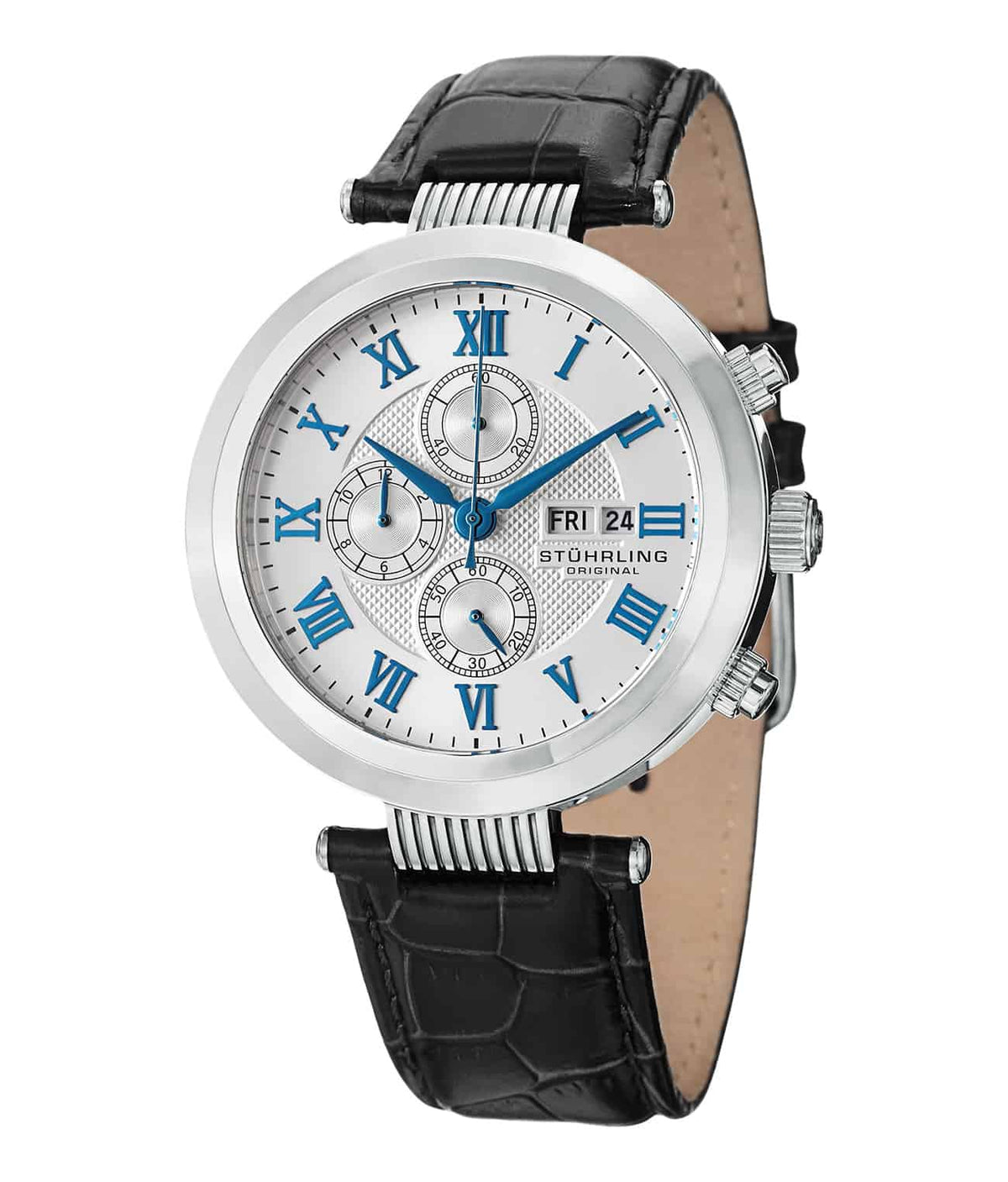 Diplomat 594 Quartz 42mm Chronograph - Silver Dial / Silver Case / Black Leather Strap Tang Buckle