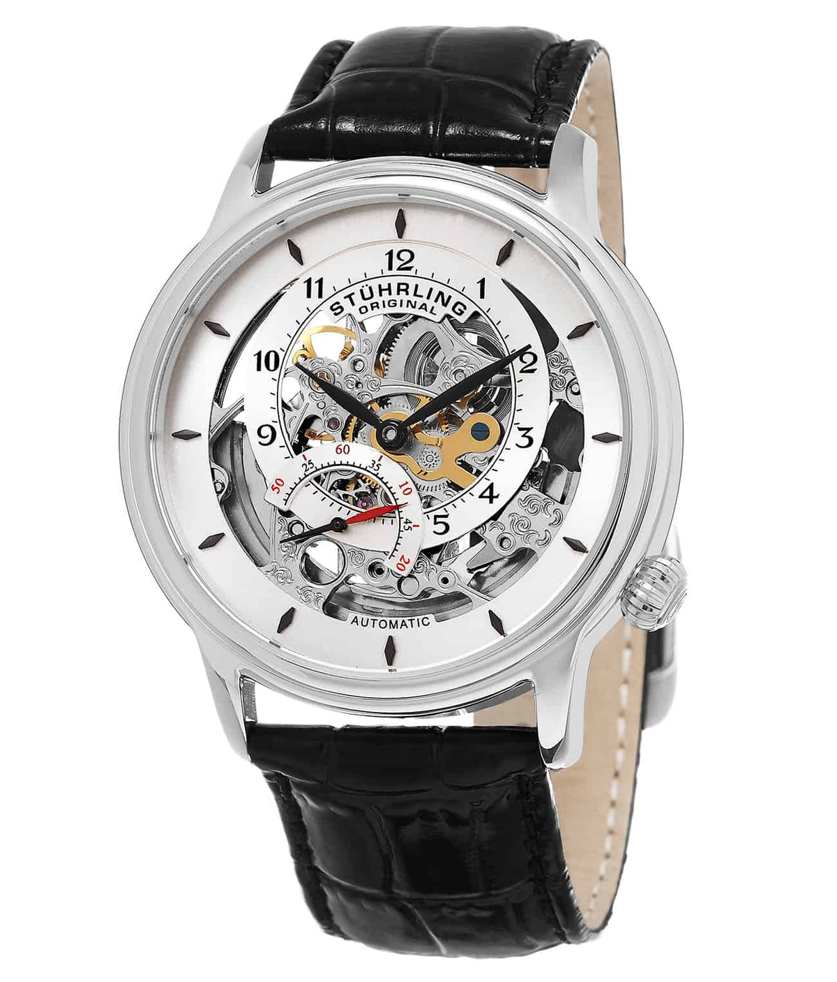Delphi 782 Automatic 42mm Skeleton - Silver Dial / Silver Case / Black Leather Strap Tang Buckle