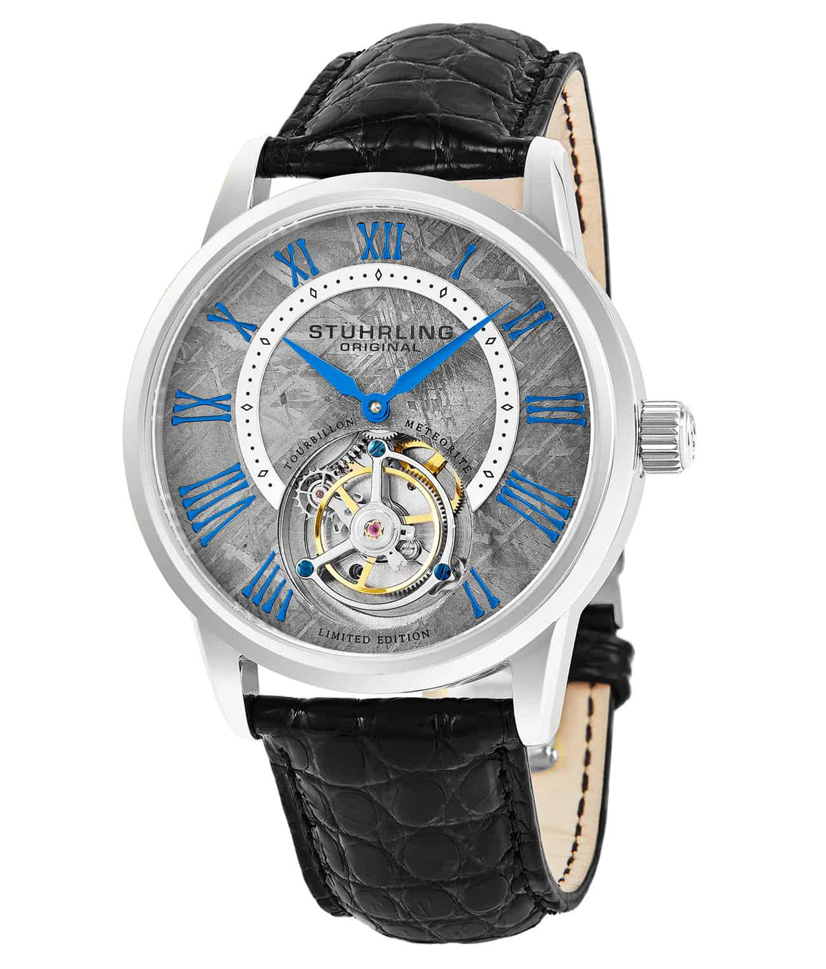 Stührling Astral Overture 42mm Tourbillon - Grey Dial / Silver Case / Black Alligator Strap Deployant Buckle