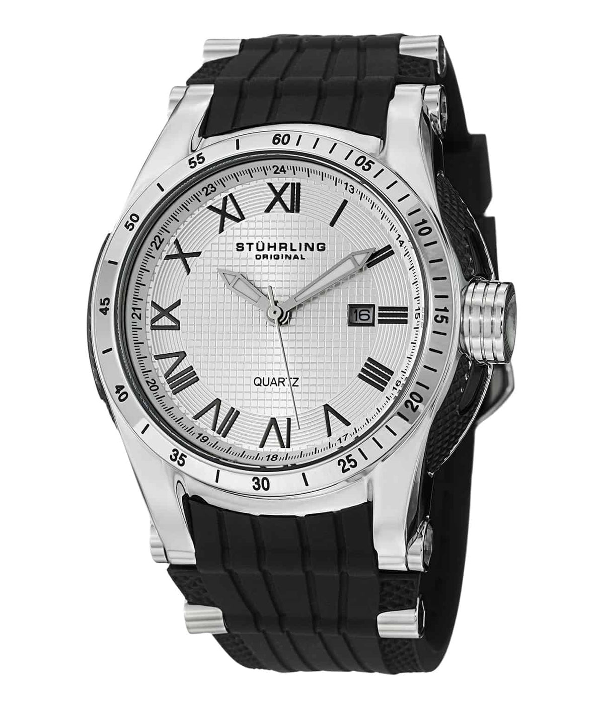Stührling Tachymere 916 Quartz 46mm Diver - Silver Dial / Silver Case / Black Silicone Strap Tang Buckle