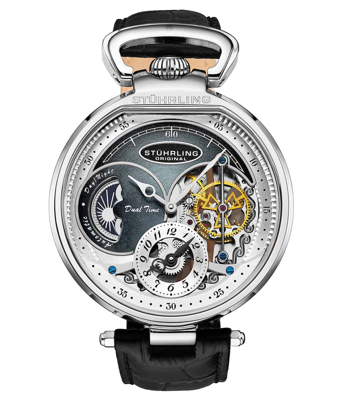 Stührling Modena Dual Time Automatic 988 46mm Skeleton - Grey Dial / Silver Case / Black Leather Strap Silver Deployant Buckle