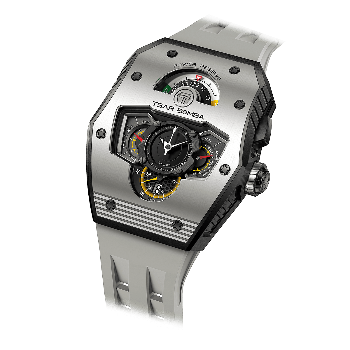 TSAR BOMBA Men's Automatic Watch | Grey | Stainless Steel Case | Ceramic Bezel | Japanese Mechanical Skeleton Movement | Unconventional time display |