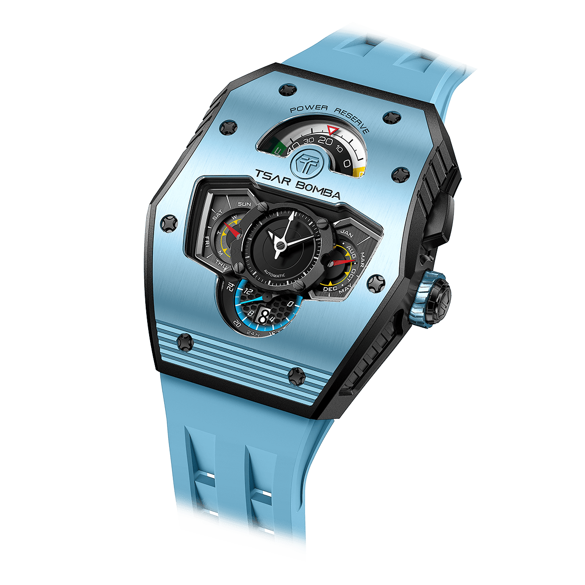 TSAR BOMBA Men's Automatic Watch | Lake Blue | Stainless Steel Case | Ceramic Bezel | Japanese Mechanical Skeleton Movement | Unconventional time disp
