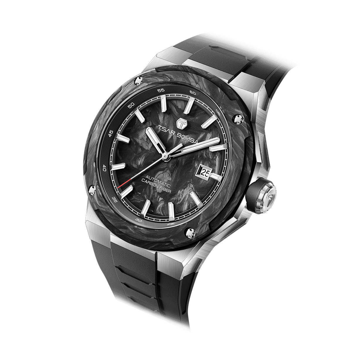 TSAR BOMBA Men's Carbon Fiber Automatic Watch | Carbon Fiber Dial | Silver Black | Electron Series | Miyota Movement | 10ATM Waterproof