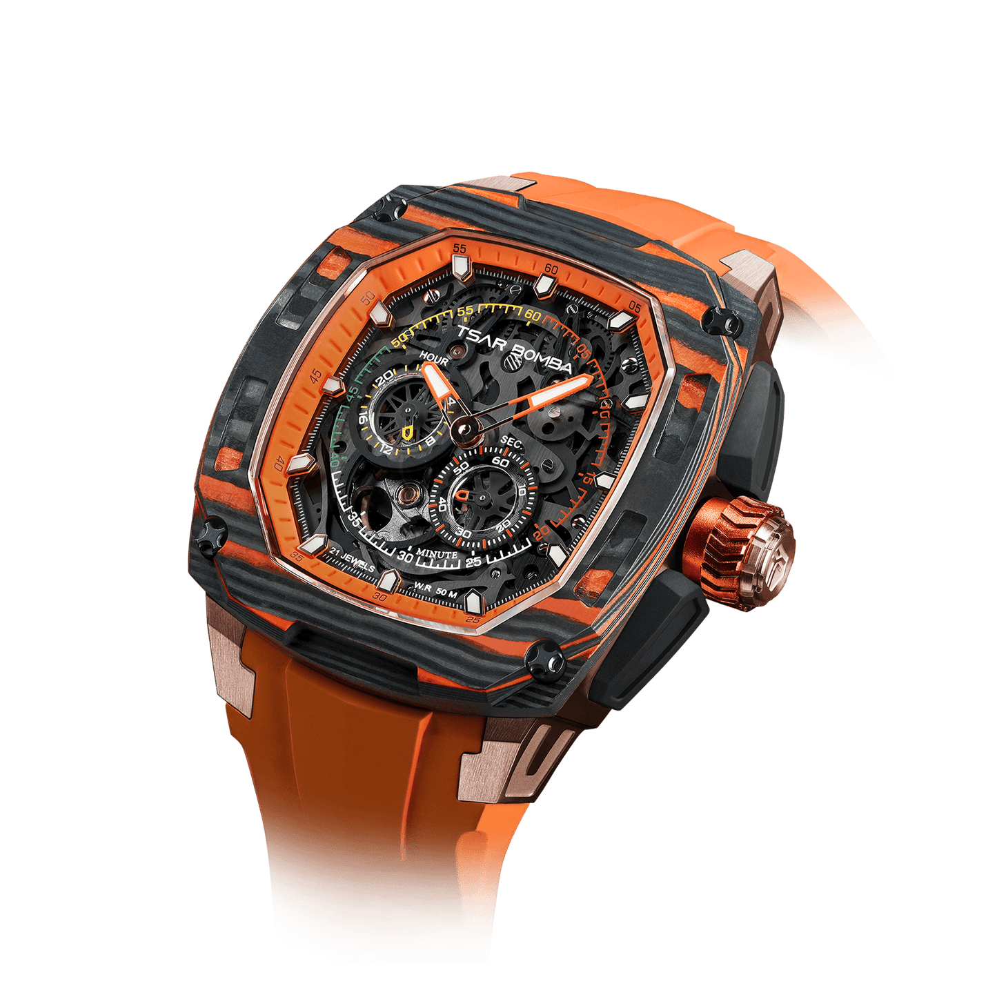 TSAR BOMBA Dark Matter Serie – Luxuriöse skelettierte Automatikuhr mit Wechselarmband, Carbonfaser-Lünette Orange-Set