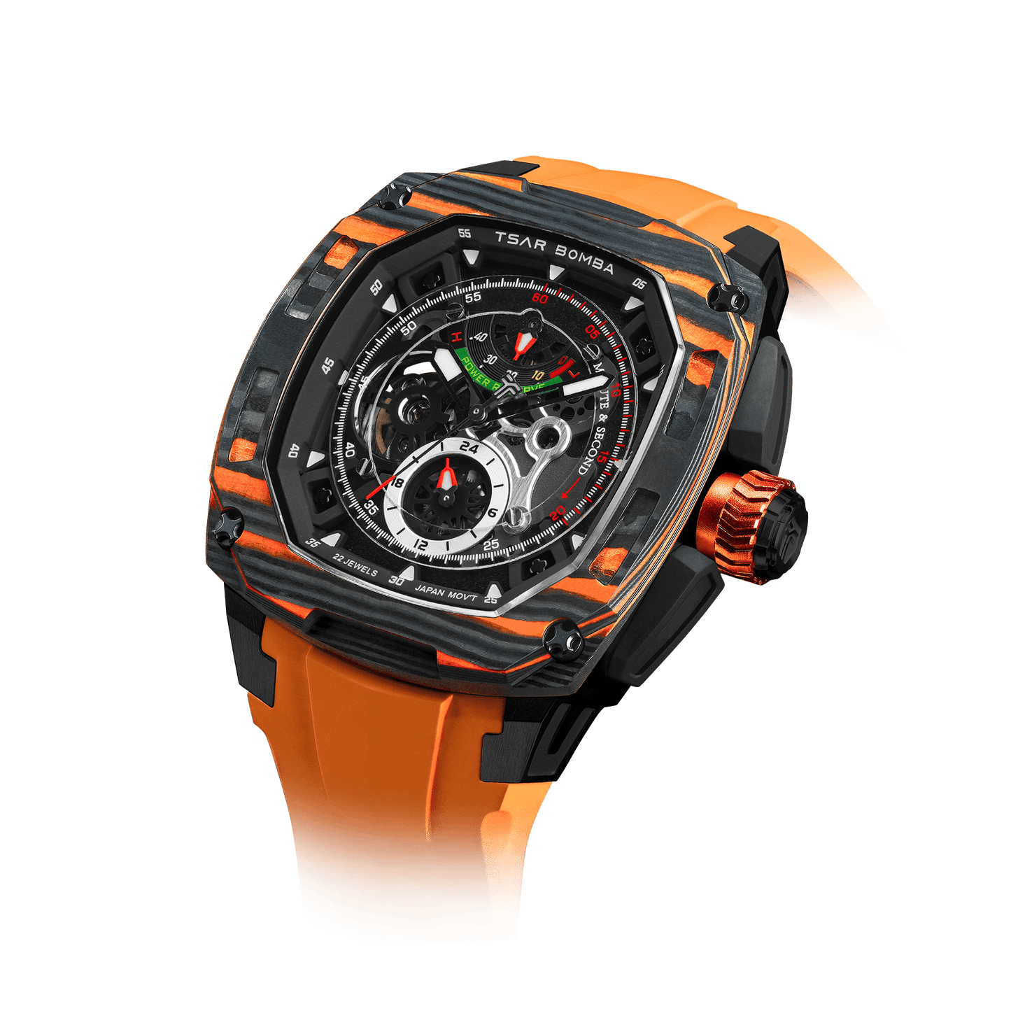 TSAR BOMBA Dark Matter Serie – Luxuriöse skelettierte Automatikuhr mit Wechselarmband, Carbonfaser-Lünette Orange-Set