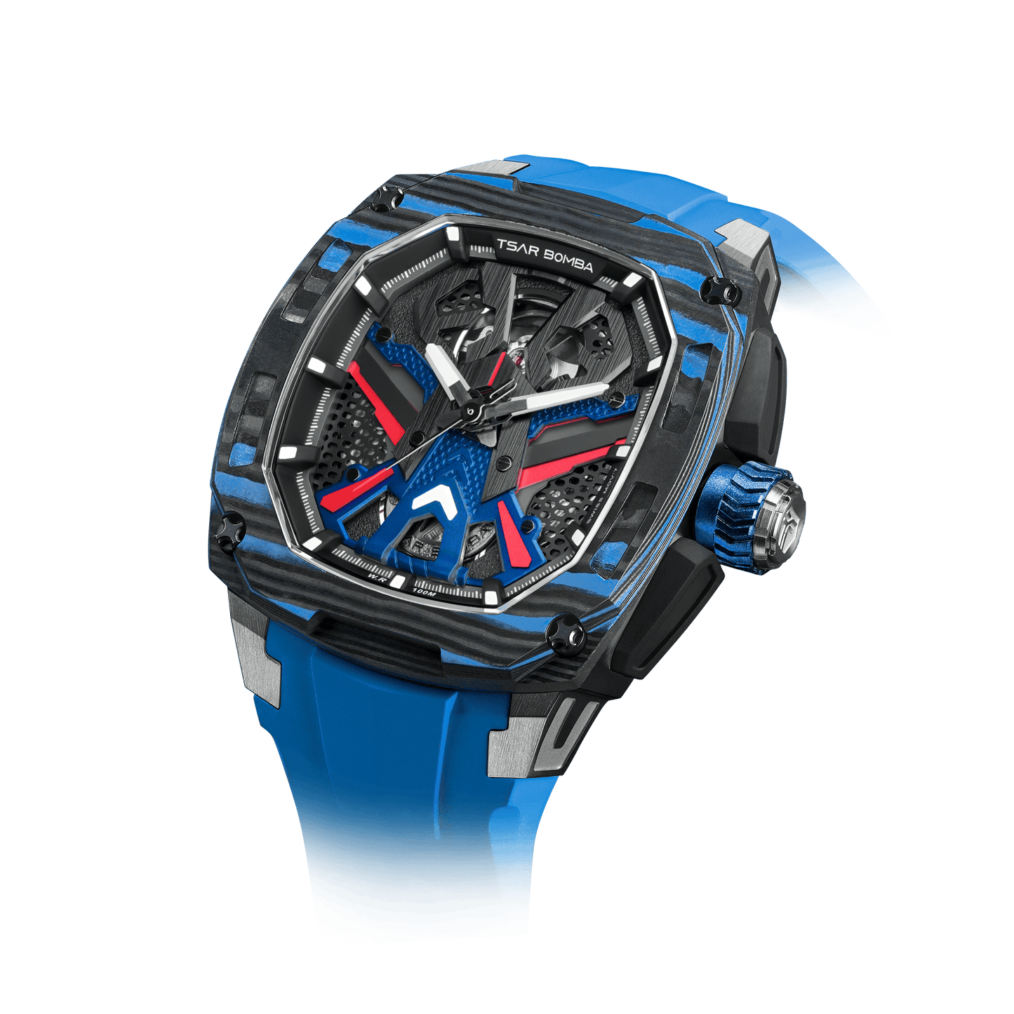 schwarze Uhr TSAR BOMBA watch– Luxuriöse skelettierte Automatikuhr mit Wechselarmband, Carbonfaser-Lünette Blau-Set