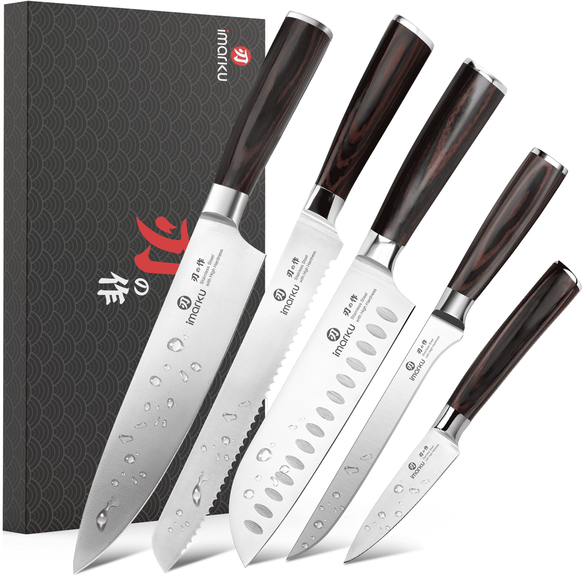 5-Piece Japanese Kitchen Knife Set, Chef, Bread, Boning, Santoku & Paring with Giftbox