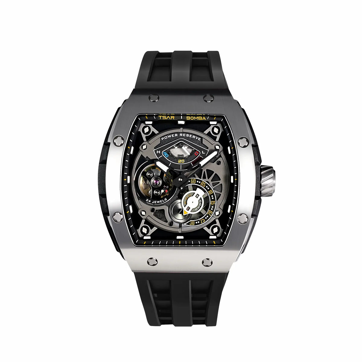 TSARBOMBA elemental TB8210CF Men’s Fashion Watch—featuring an Espon automatic mechanical movement, tonneau-style case, 316L stainless steel constructi