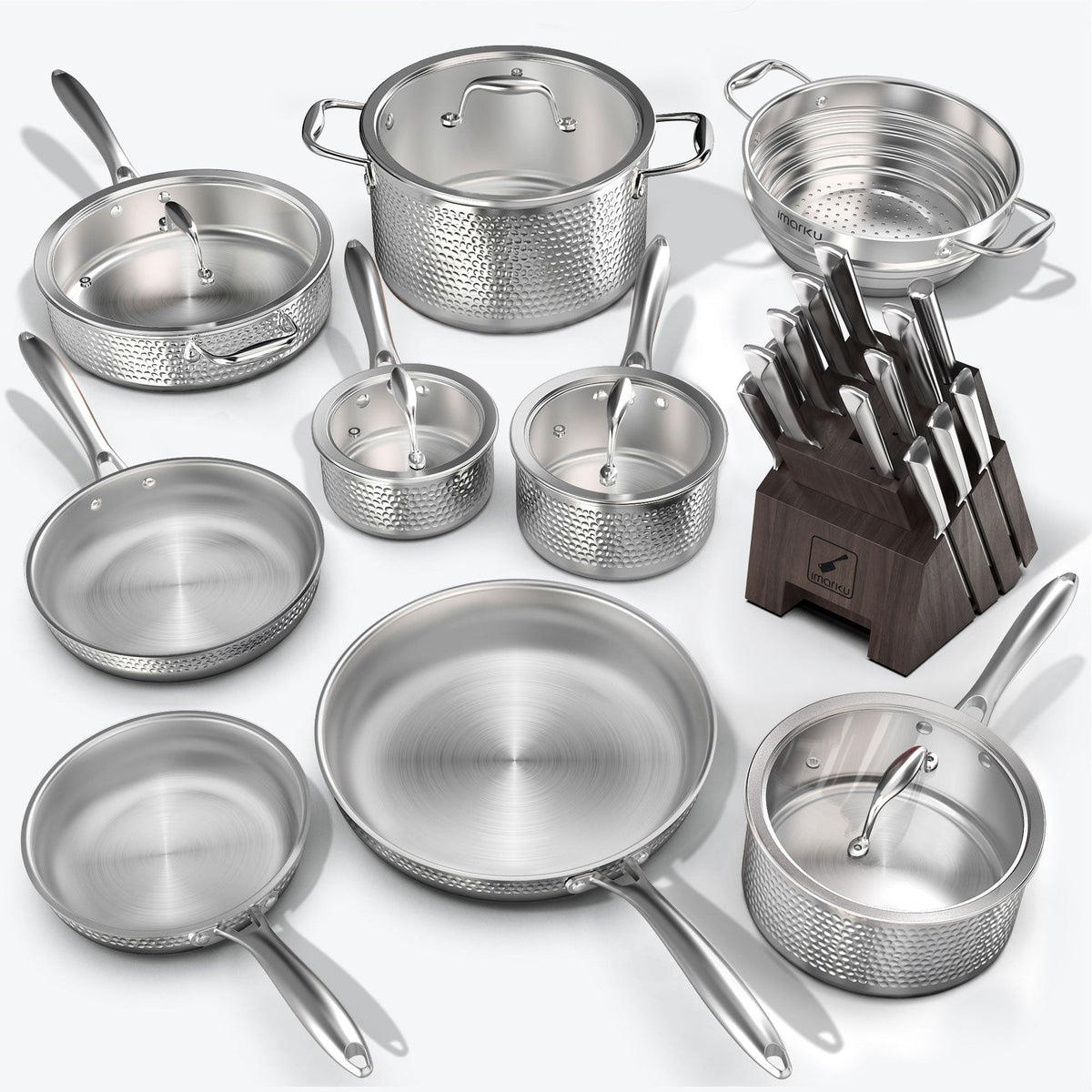 Hammered Stainless Steel Cookware Set and Razor-sharp Knife Set Bundle - Gray