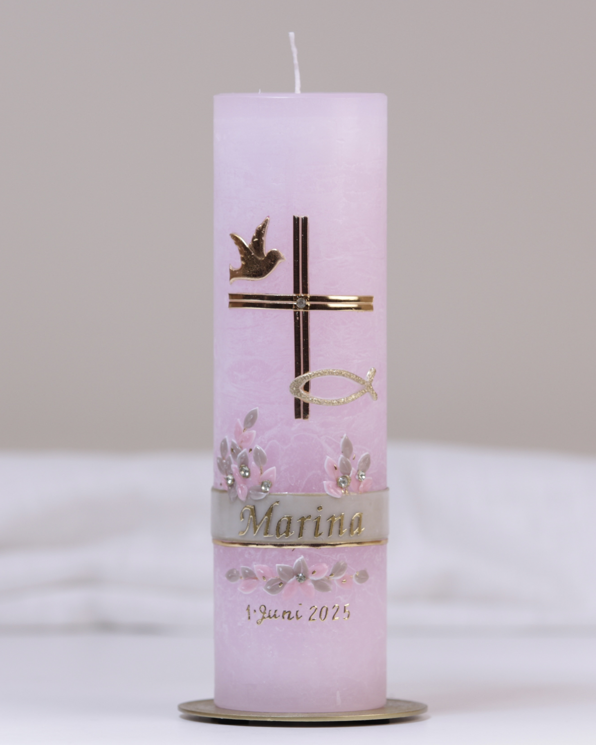 Taufkerze „Marina“ pastellrosa – personalisiert mit Wunschname