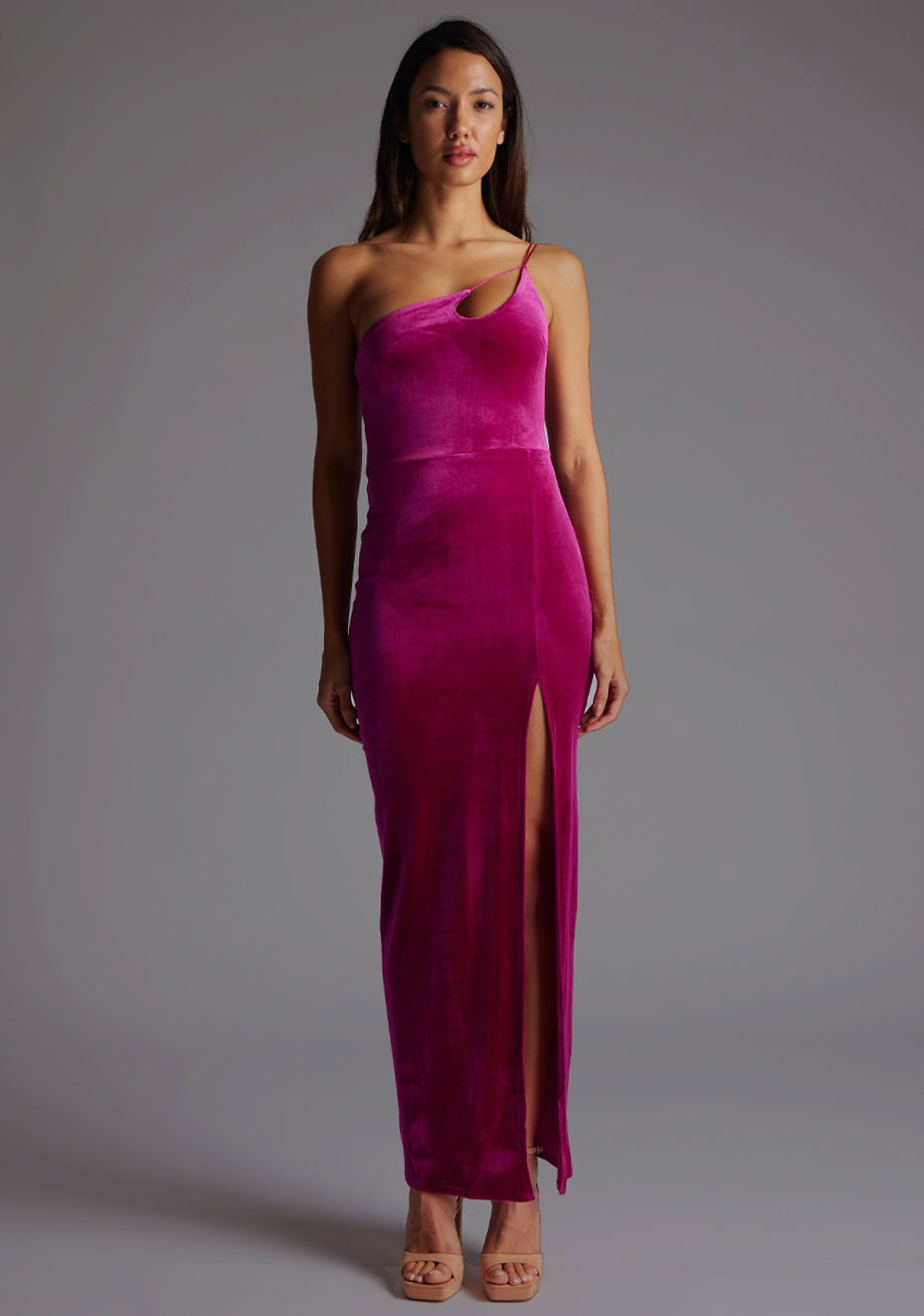 Daniella | One Shoulder Velvet Magenta Maxi Dress - 8 / magenta