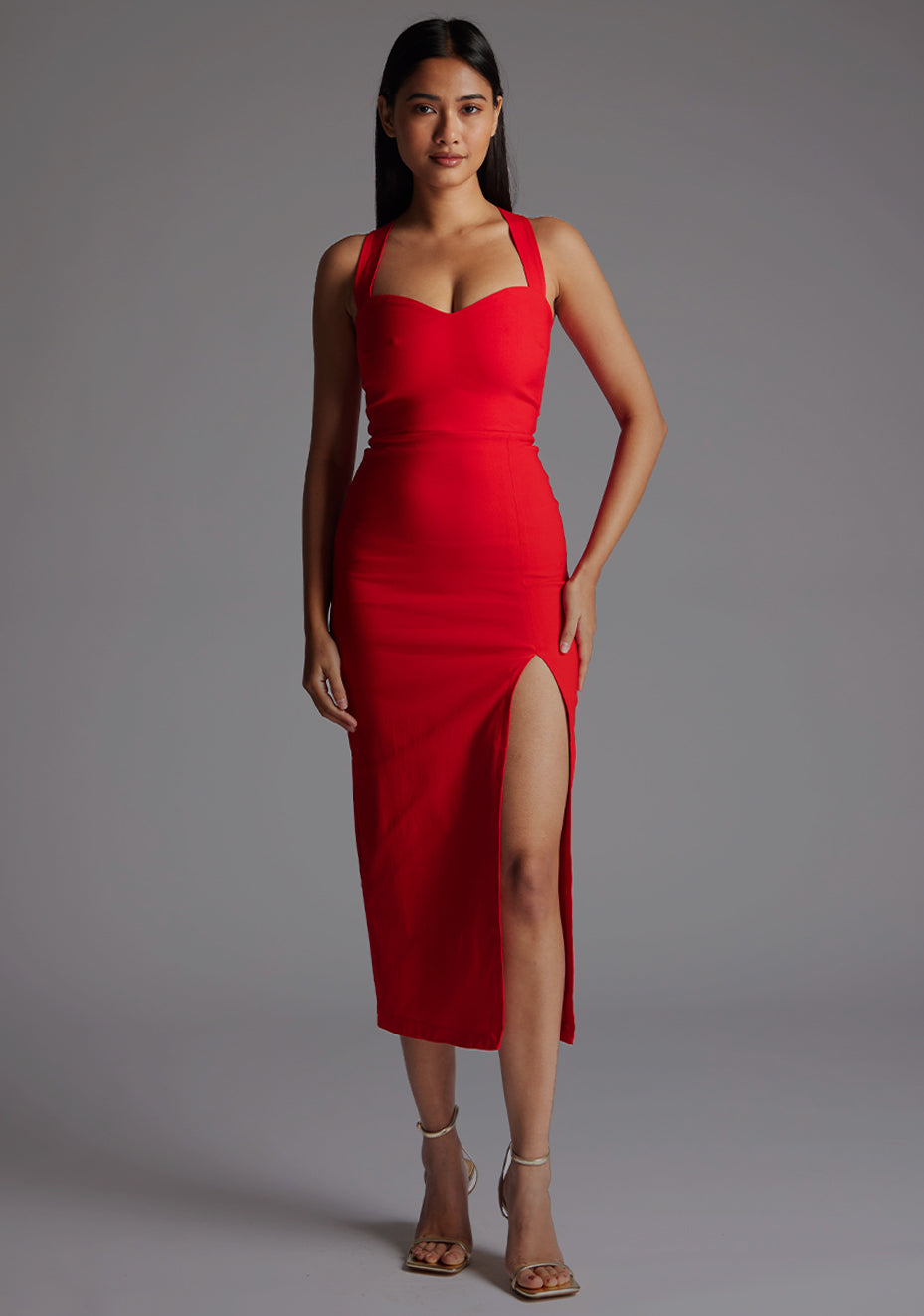 Poppy | Sweetheart Cross Strap Red Midaxi Dress - 12 / red