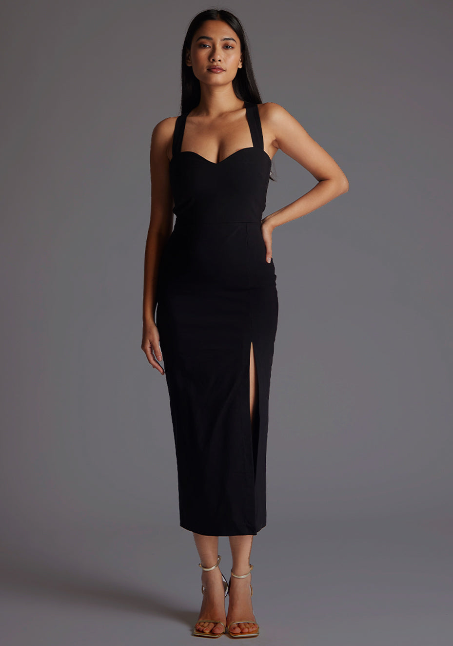 Poppy | Sweetheart Cross Strap Black Midaxi Dress - 8 / black