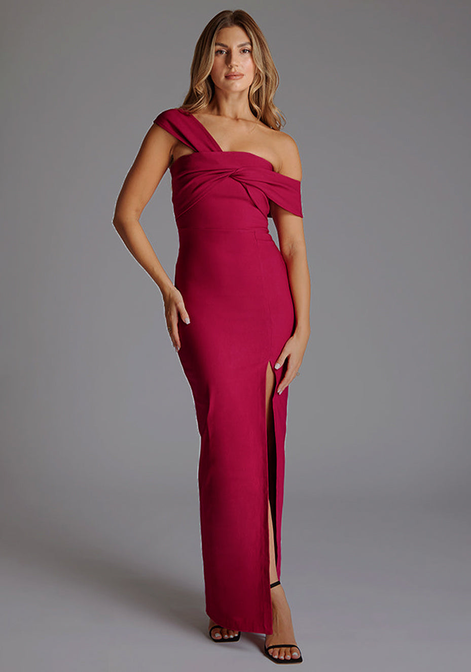 Winslow | Bardot Raspberry Maxi Dress With Thigh Split - 10 / raspberry