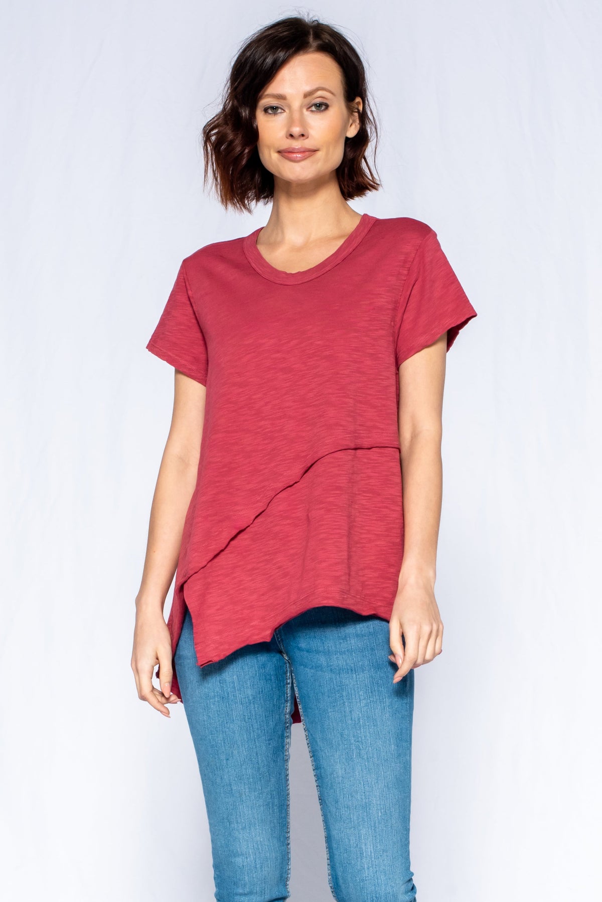 Crew Short Sleeve Easy Cross-Over Hem Shirt - Berry / XS