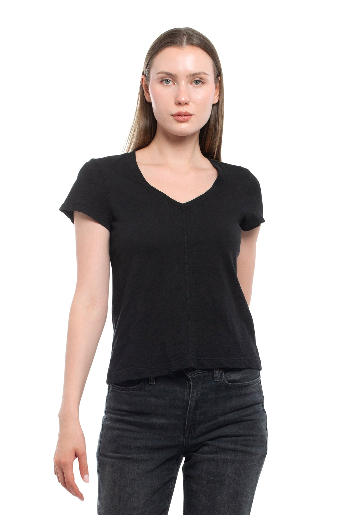 Slim Deep V-Neck Rib Back Tee - Black / XS