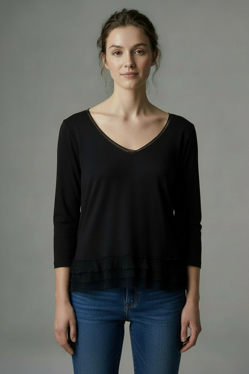 V-neck 3/4 sleeve mixed media tee with ruffle hem - Black / XS