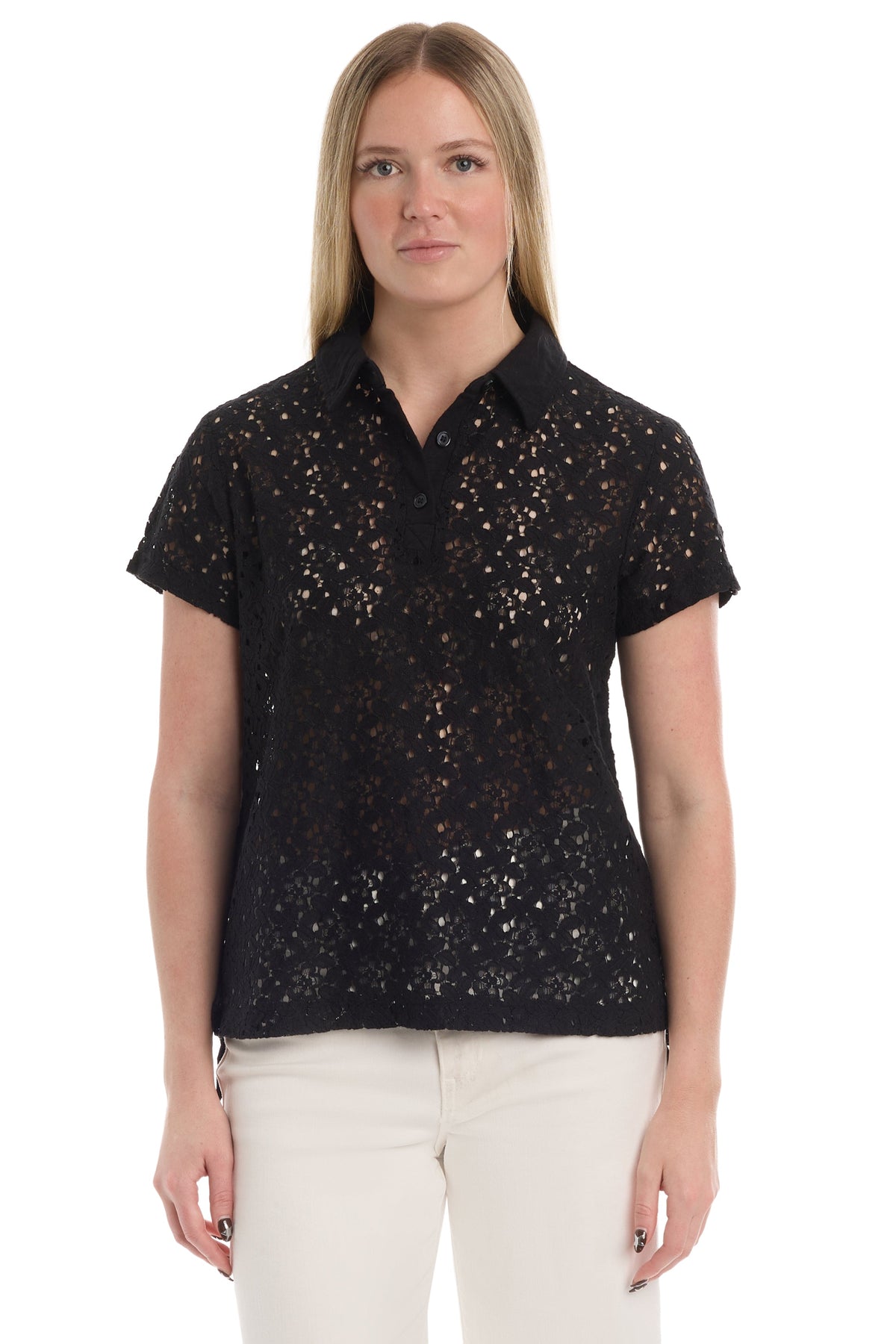 Short sleeve lace polo - Black / XS