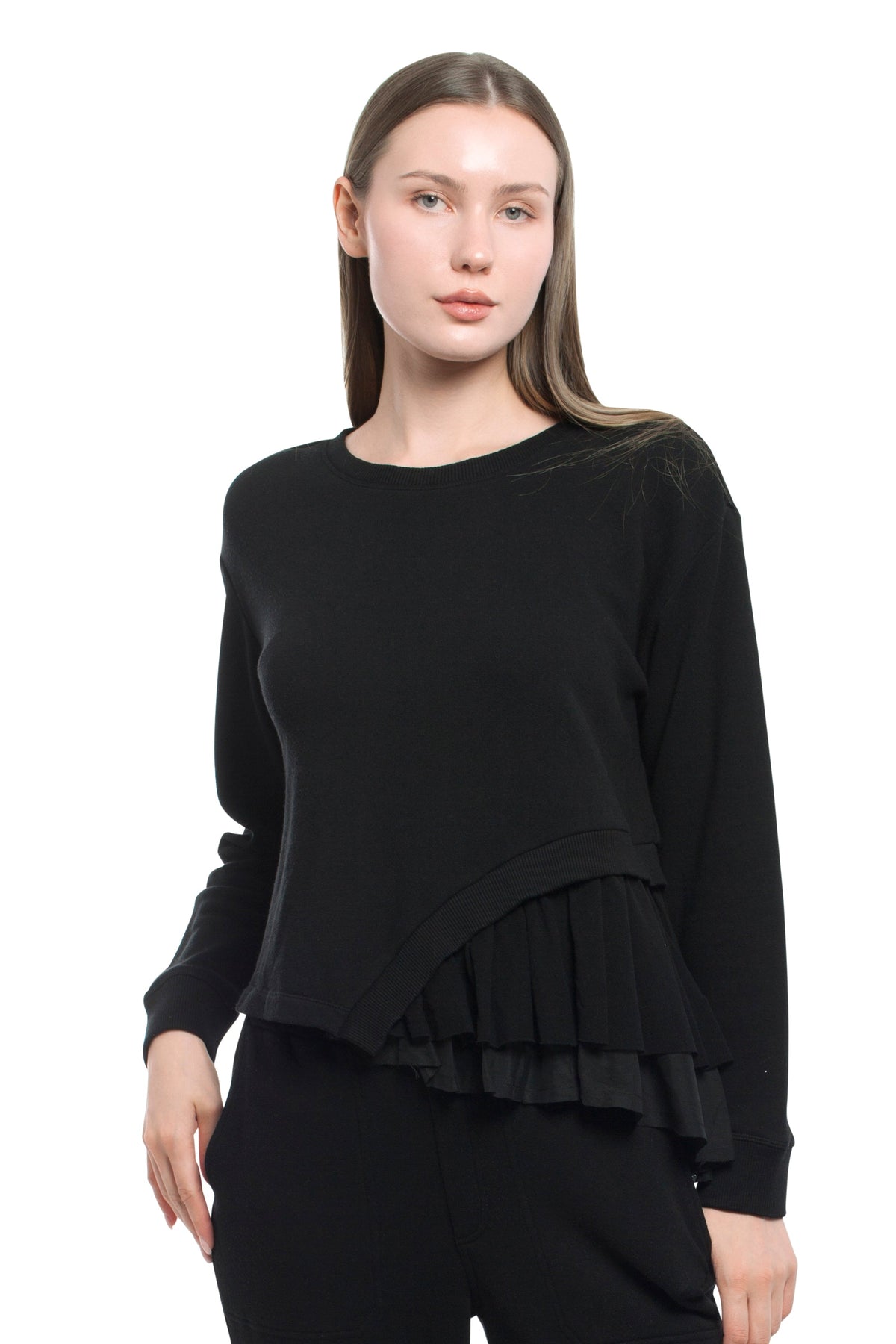 Round Neck Mix Media Sweatshirt - Black / XS