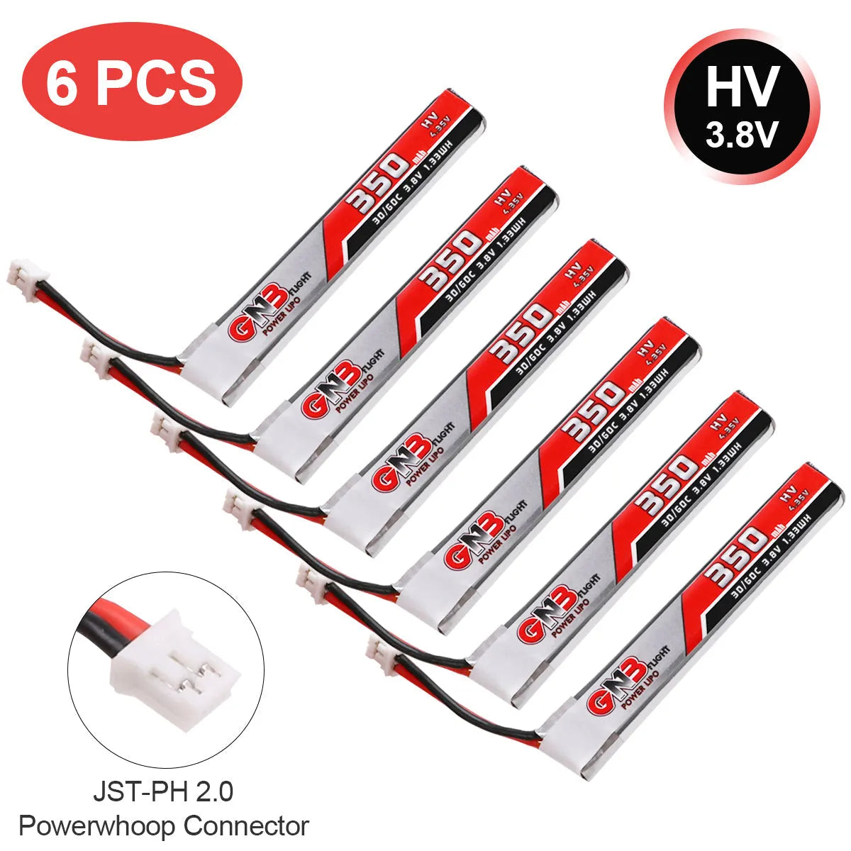 GNB/GAONENG 350mAh HV 1S Lipo Battery 30C 3.8V JST-PH 2.0 Powerwhoop Connector(Pack of 6)