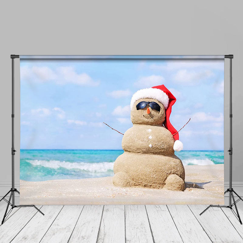 Blue Beach Sandy Snowman Christmas In July Backdrop - Aperturee