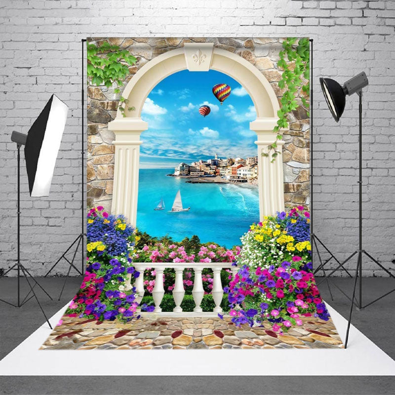 European Door Flower Ocean Stone Wall Photo Backdrop - Aperturee