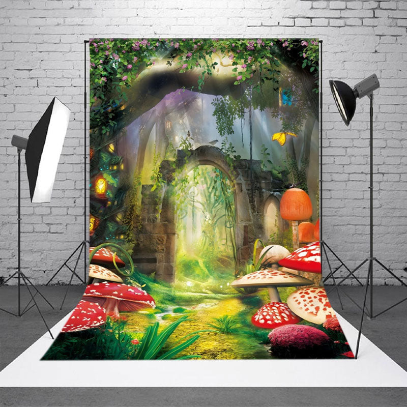 Forest Path Floral Gate Mushroom Photo Booth Backdrop - Aperturee