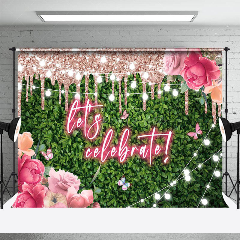 Greenery Rose Gold Glitter Floral Wedding Backdrop - Aperturee