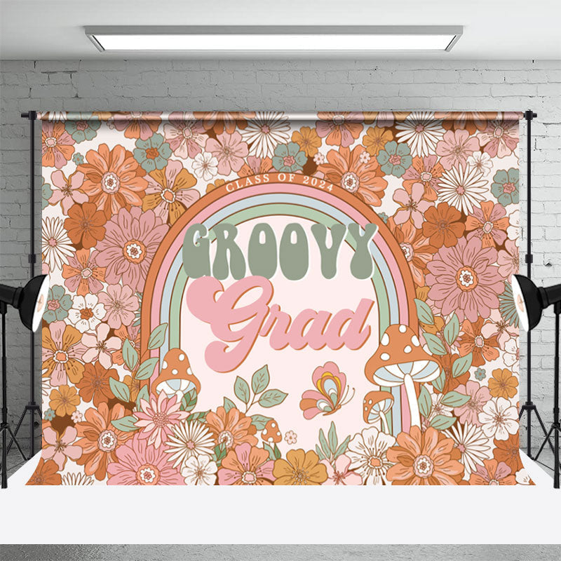 Groovy Grad Cartoon Daisy Floral Graduation Backdrop - Aperturee