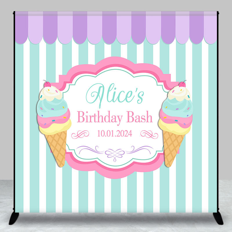 Personalized Ice Cream Stripe Happy Birthday Backdrop - Aperturee