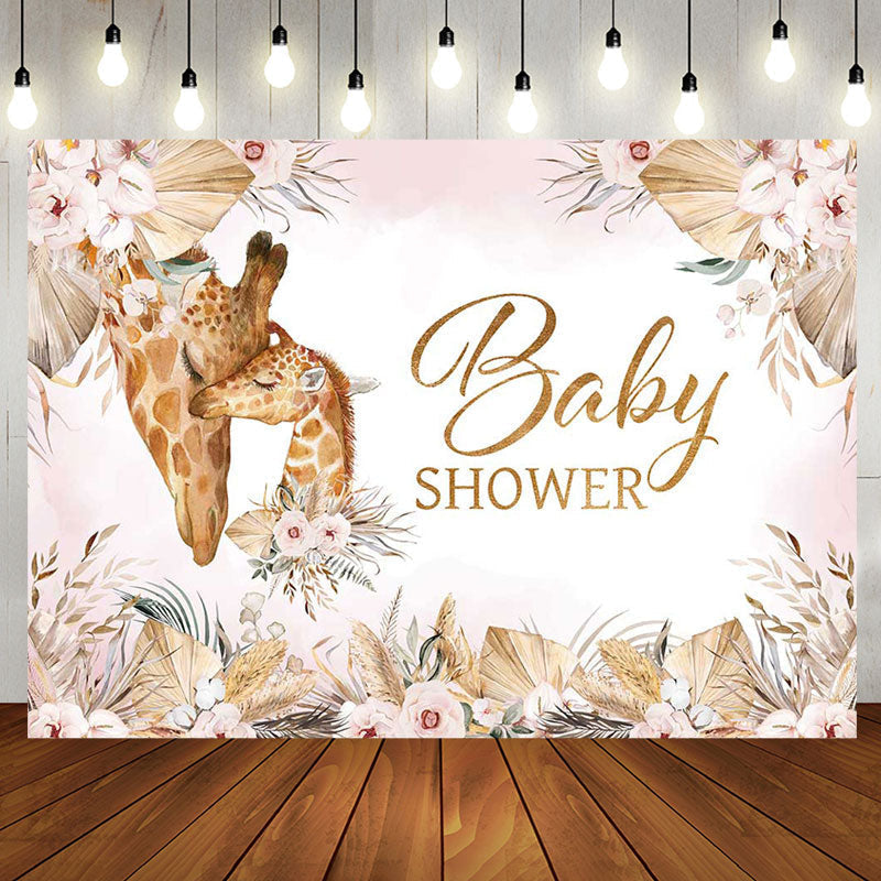 Pink Floral Leaves Boho Giraffe Baby Shower Backdrop - Aperturee