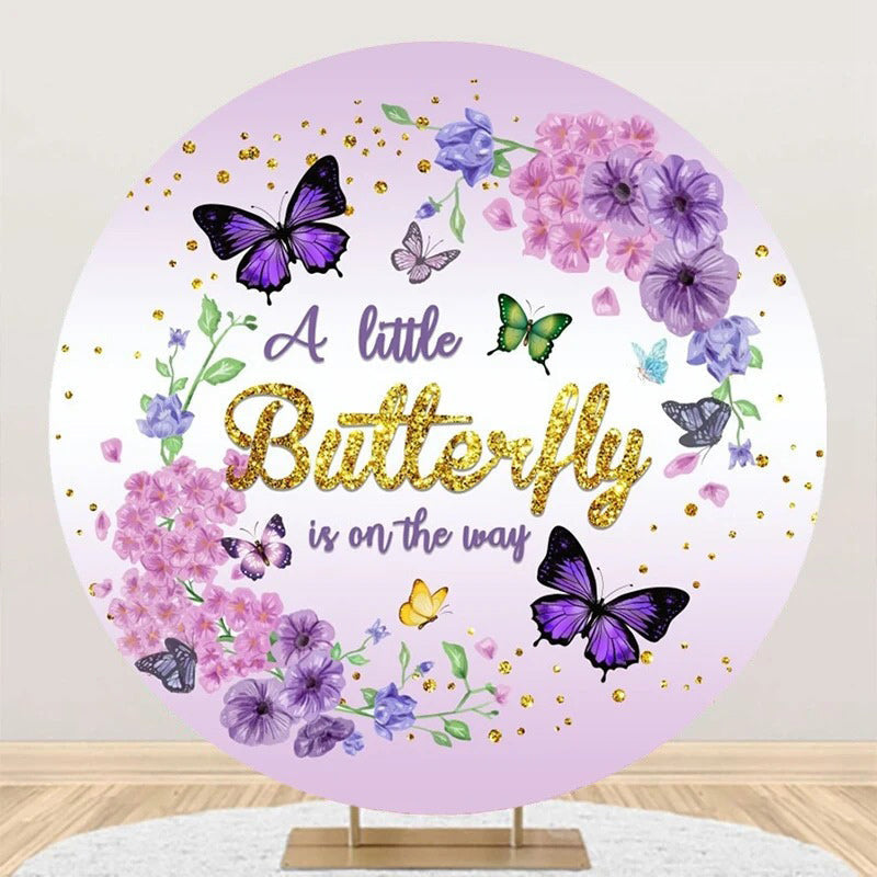 Purple Butterfly Floral Round Baby Shower Backdrop - Aperturee