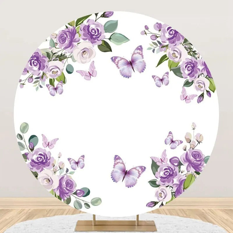 Purple Floral Leaf Butterfly Round Birthday Backdrop - Aperturee
