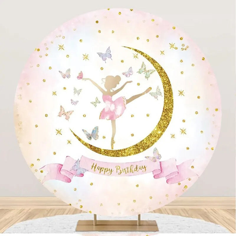 Round Moon Butterfly Ballet Girl Birthday Backdrop - Aperturee