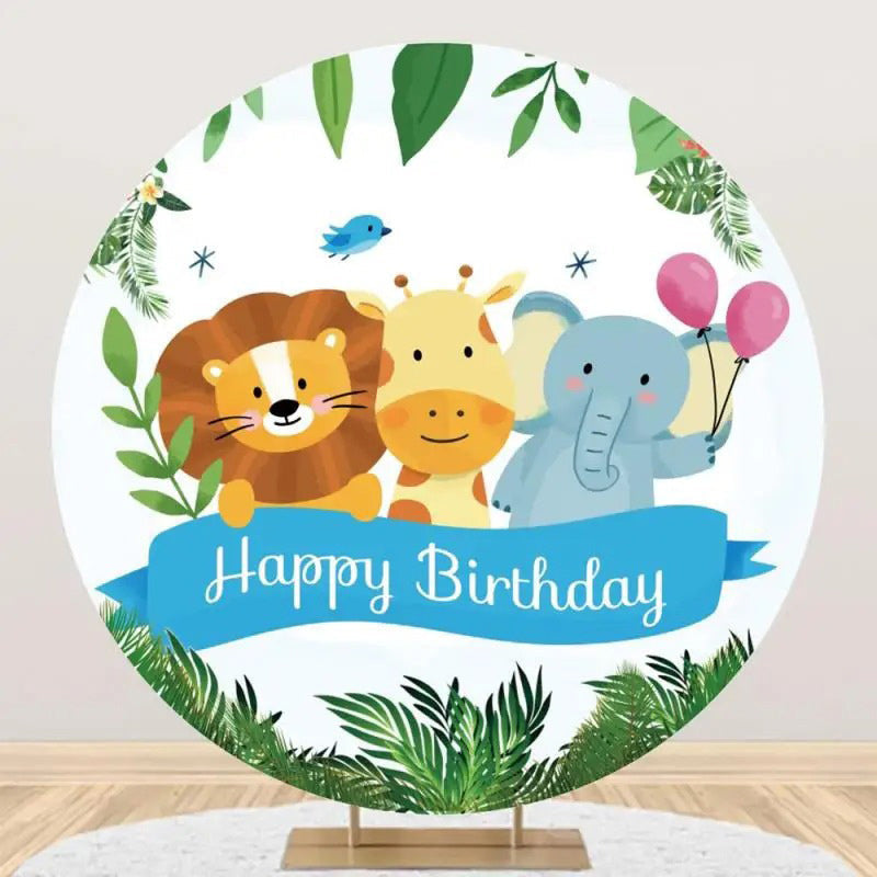 Round Safari Forest Animals Balloon Birthday Backdrop - Aperturee