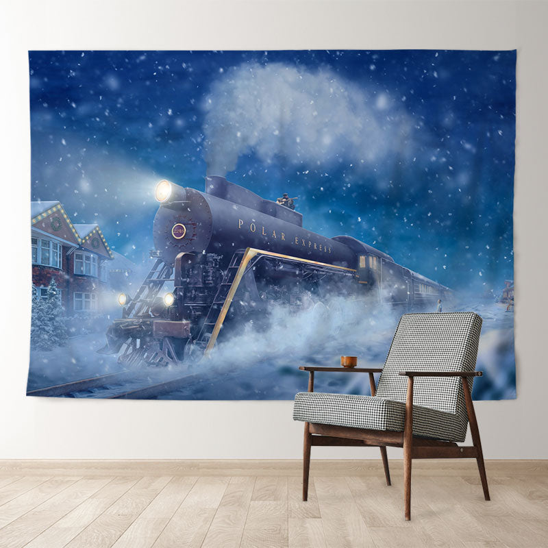 Aperturee Snowy Winter Night Running Train Xmas Backdrop