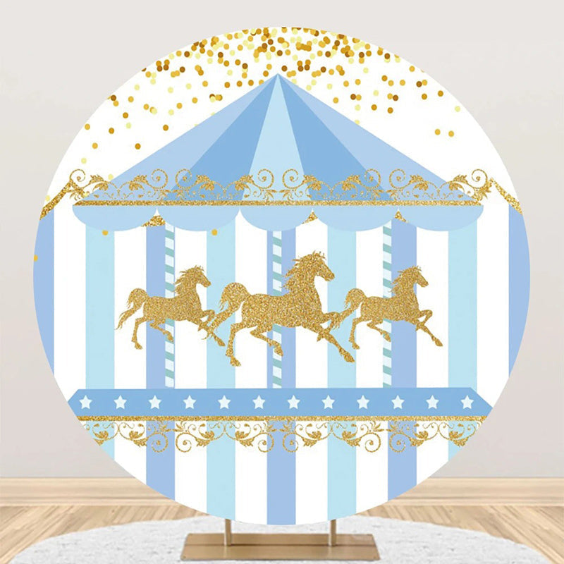 White Blue Gold Carousel Circus Round Party Backdrop - Aperturee
