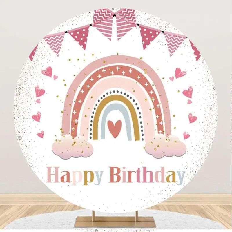 White Pink Rainbow Boho Round Backdrop For Birthday - Aperturee