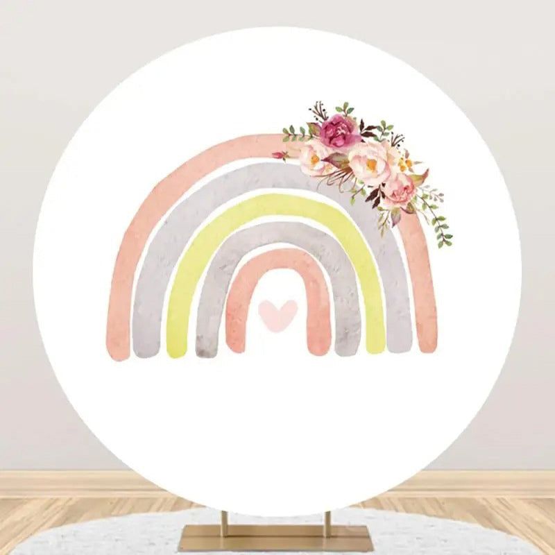 White Rainbow Floral Boho Round Birthday Backdrop - Aperturee