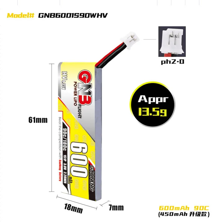 GNB/GAONENG 600mah 3.8V 1S 90C Lipo Battery PH2.0 Connecter(Pack of 6)