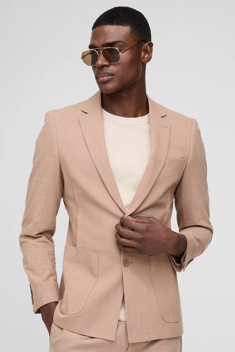 Slim Fit Linen Blend Blazer | Stone | Size 36